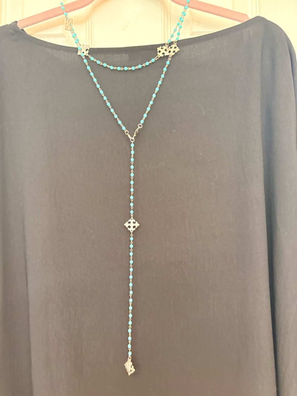 Delicate Turquoise Beaded Lariat Necklace with Silver Accents-adjustable